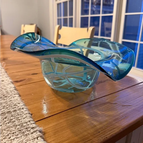 Handblown Aqua Blue Sombrero Freeform Abstract Art Glass Decorative Bowl